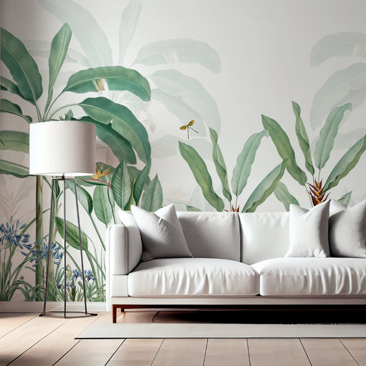 Tropical Delight Wallpaper In White Living Room With White Leather Sofa Next To Tall White Lamp and Large Plant With Sun Coming Through The Window