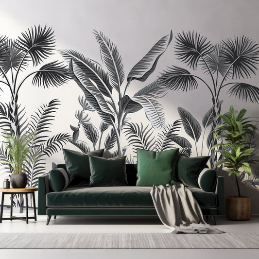 Tropical Forest Wallpaper In Living Room With Dark Black Green Sofa And Plants