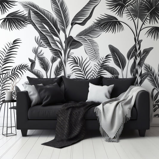 Tropical Forest Wallpaper In Living Room With Dark Black Slofa And Grey And Black Blankets With Small Black Coffee Table