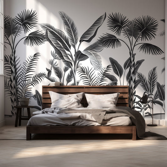 Tropical Forest Wallpaper In Room With Dark WOoden Queen Size Bed & Grey Bedding