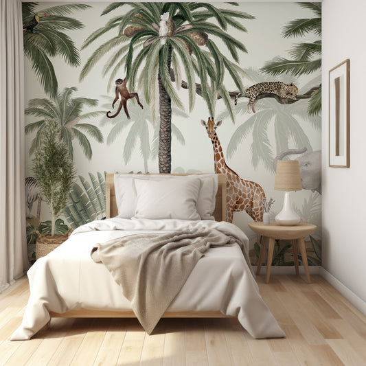 Tropical Jive Wallpaper In Bedroom With Small Single Bed With Wooden Frame And Beige Bedding