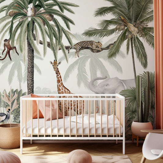 Tropical Jive Wallpaper In Child's Bedroom With Peach Pillows And Beige Plants