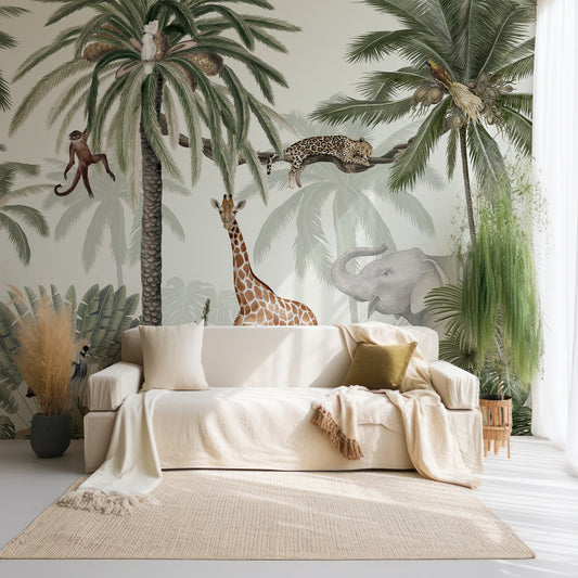 Tropical Jive Wallpaper In Living Room With Cream Sofa And Soft PLants With Large Cotton Rug With Light Coming Through Window