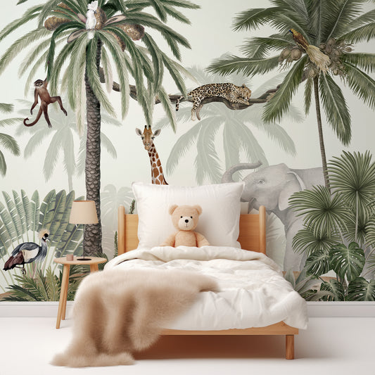 Tropical Jive Wallpaper Mural In Children's Bedroom With White Bed And Fluffy Beige Blanket With Teddy Bear In The Bed