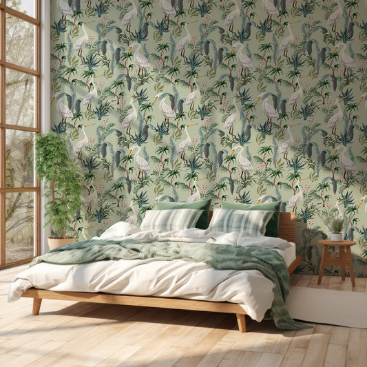 Tsuru Green Wallpaper In Bedroom With Green Bedding On WHite Wooden Bed With Very Tall Windows With Light Shining Through