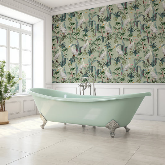 Tsuru Wallpaper In Bathroom With Large Windows And Light Mint Green Bathtub