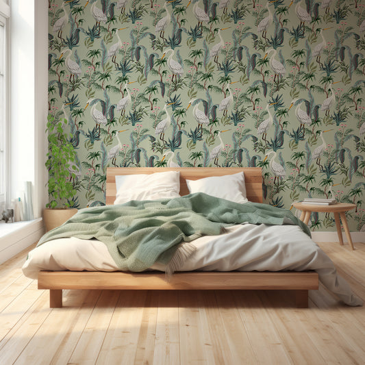 Tsuru Wallpaper In Bedroom With Great Lighting With Green Queen Size Beds And Wooden Floor