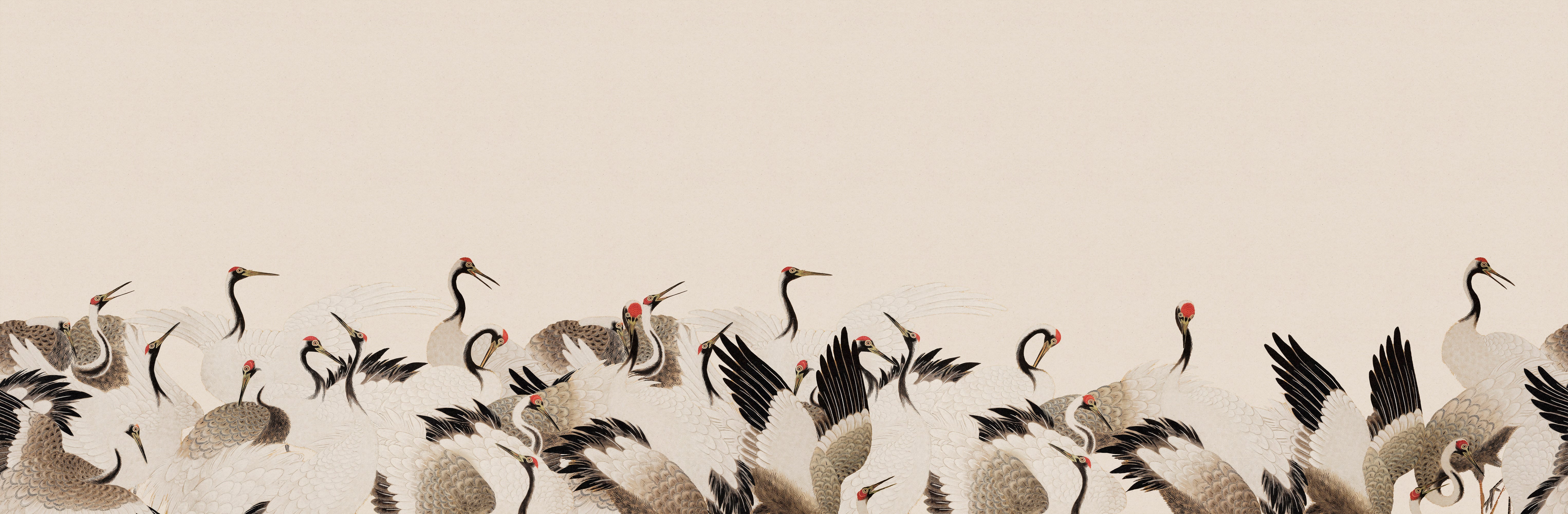 A horizontal watercolor-style illustration of a flock of red-crowned cranes in soft gray, black, white, and muted red tones against a warm off-white background, with open space above.