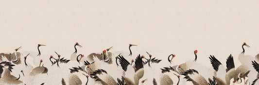 A horizontal watercolor-style illustration of a flock of red-crowned cranes in soft gray, black, white, and muted red tones against a warm off-white background, with open space above.