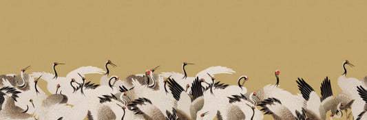 A traditional-style artwork depicting a dense group of white cranes with black wingtips and red neck patches against a warm beige background.