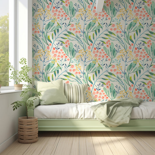 Tua Wallpaper In Kid's Bedroom With Green Single Bed With Stripy Cushions And Light Coming Into Room