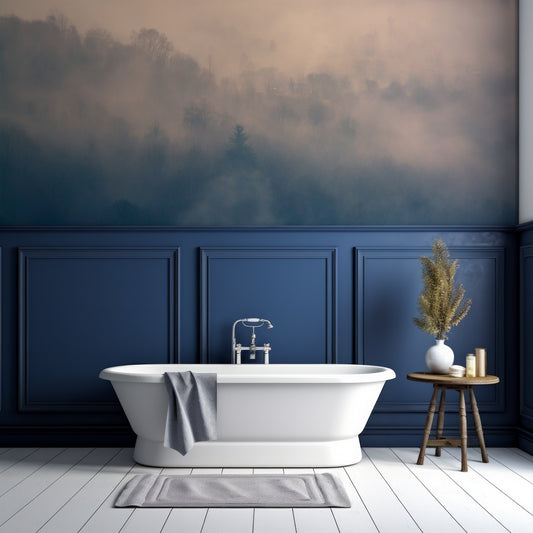 Twilight Mist Retreat Wallpaper In Bathroom With Half Navy Panelled Wall and White Wall As Well As Bathtub