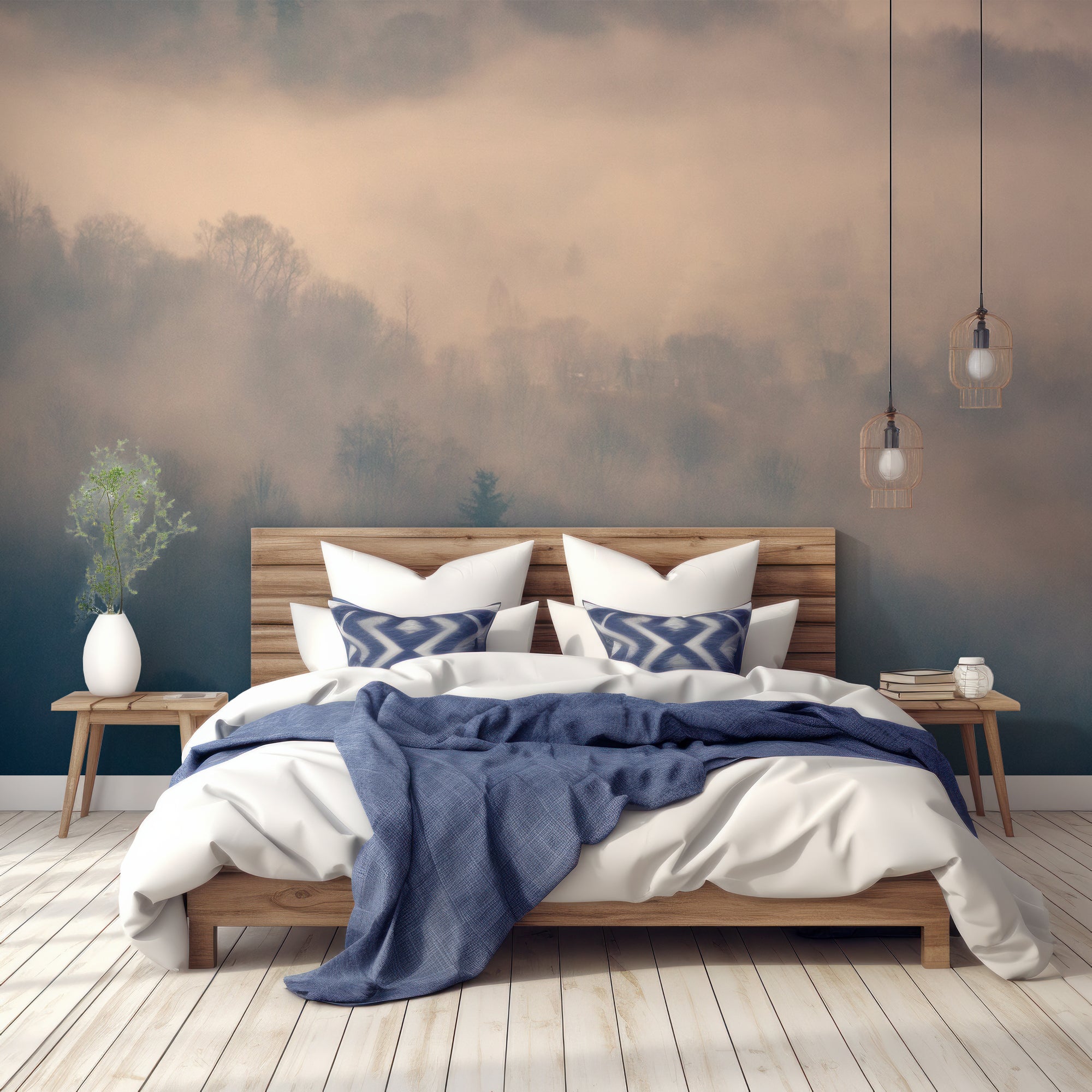 Wall Mural - Blue Misty Forest Scandinavian - Removable Wallpaper (Peel & Stick) - Made to Measure