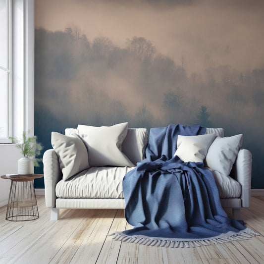 Twilight Mist Retreat Wallpaper In Living Room With Wooden Floor, Windows, Plants And Large Blue Sofa