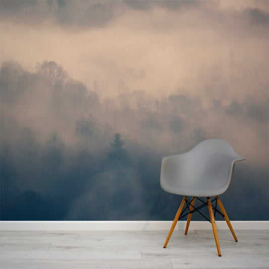 Twilight Mist Retreat wallpaper in living room with grey chair in front of the wallpaper 