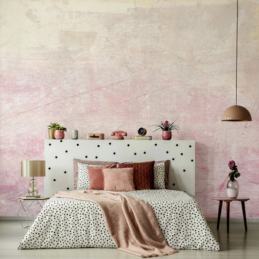 Twilight Sky Ombre Wallpaper in ladies bedroom with polka dot bed and bedding