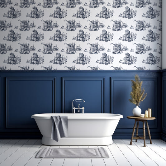 Tyger Wallpaper In Bathroom With Half Navy Panelled Wall and White Wall As Well As Bathtub