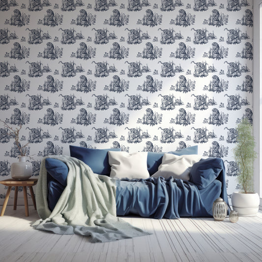 Tyger Wallpaper In Living Room With Wooden Floor, Windows, Plants And Large Blue Sofa With Green Blankets And Grey Cushions