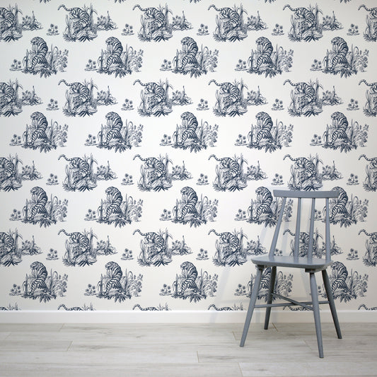 Tyger Wallpaper In Room With Greyish Blue Chair