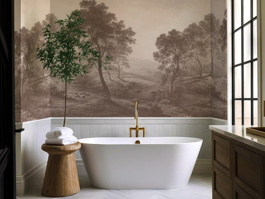 Modern bathroom with freestanding bathtub, wooden stool, and nature-themed wall mural.