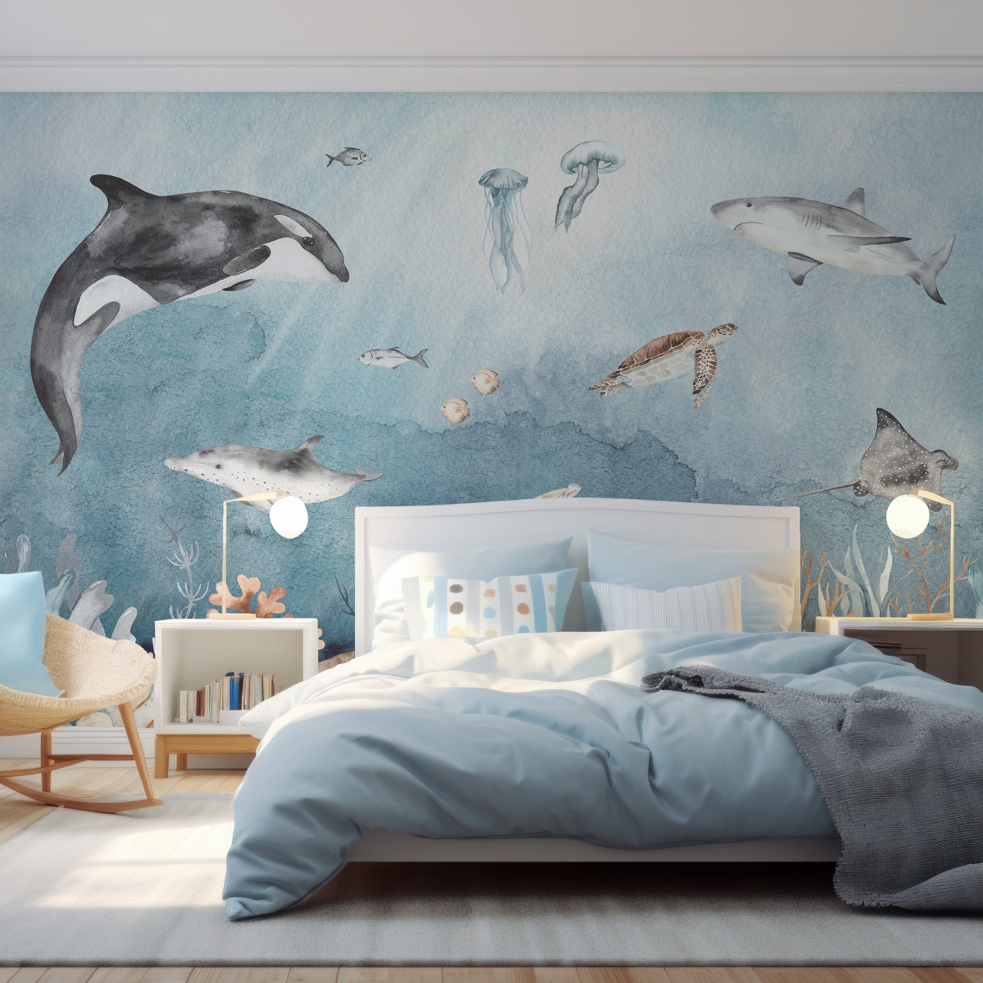 Wall Mural - Watercolour Underwater Animals and Fish Children's - Traditional Wallpaper (Paste-the-wall) - Made to Measure