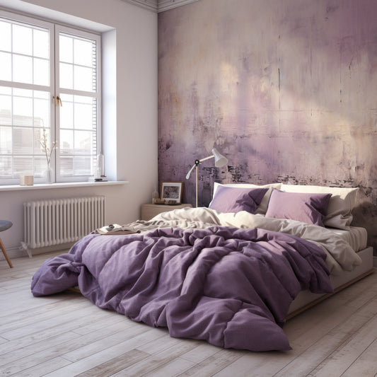 Urban Distressed Rosewood Wallpaper In Bedroom With White Bed With Purple Bedding With Windows Casting Light Into Room Over Bed