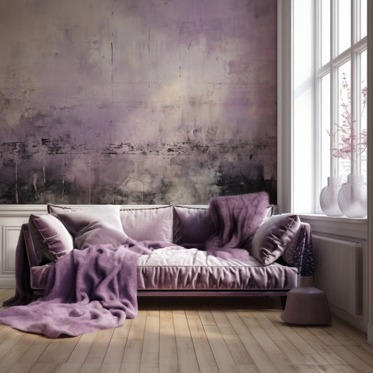 Urban Distressed Rosewood Wallpaper In Living Room With Purple Sofa With Purple Cushions And Blankets With Window Shining Light Through