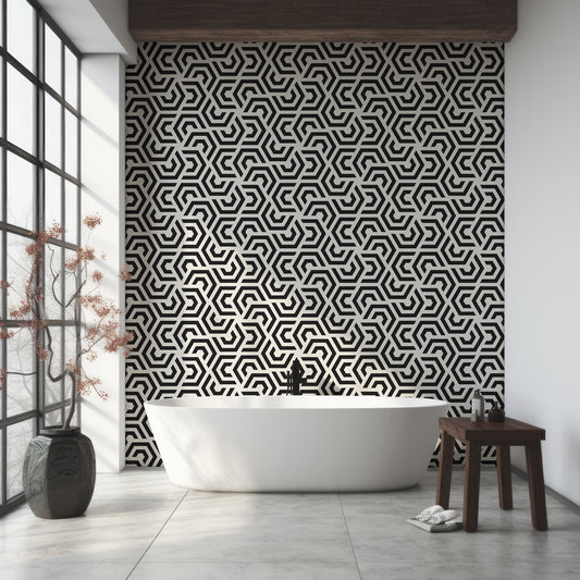 Vega Wallpaper In Bathroom With Bathtub And Dark Wooden Stool And Asian Plants