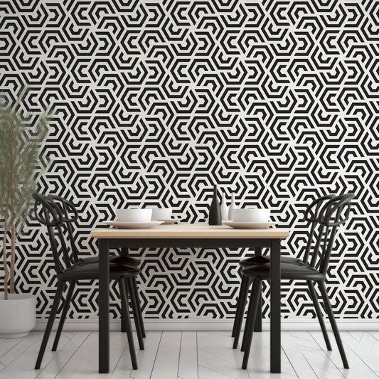 Vega Wallpaper In Dining Room With Black Tables And Chairs With Wooden Table Top