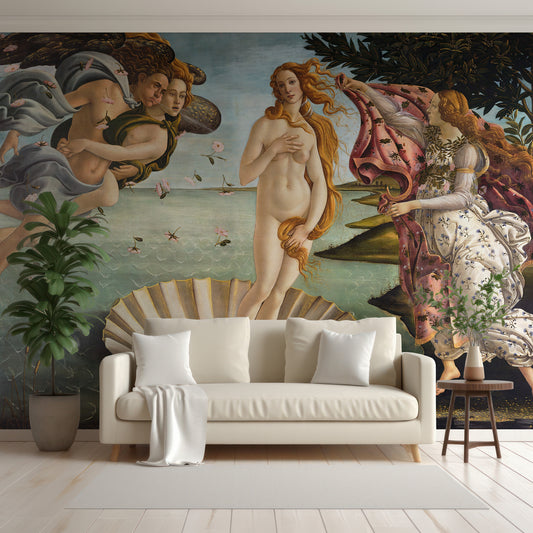Venus Wallpaper In Living Room With White Sofa, Cushions And Blankets With Green Tall Plants Either Side Of The Sofa