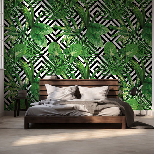 Verdant Illusion Wallpaper In Room With Dark WOoden Queen Size Bed & Grey Bedding