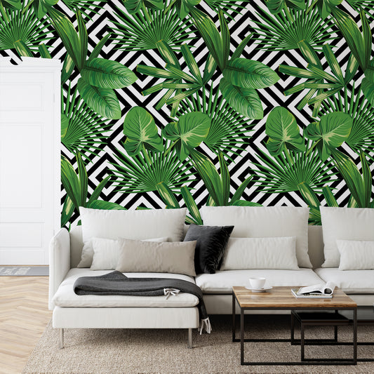 Verdant Illusion Wallpaper Mural In Living Room With White Sofa