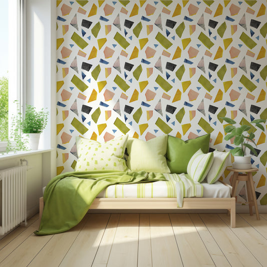 Vergo Wallpaper In Children's Bedroom With Green Bedding On Wooden Bed With Lots Of Light Coming In