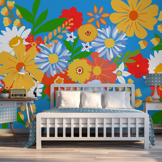 Vibrant Blooms Wallpaper In Bedroom With Blue Polka Dot Bedding