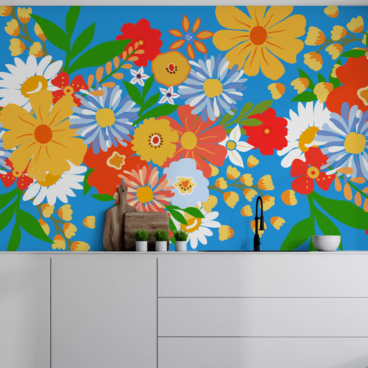 Vibrant Blooms Wallpaper In Kitchen With White Worktops