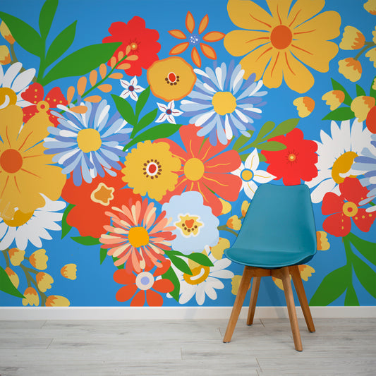 Vibrant Blooms Wallpaper In Room With Blue Chair