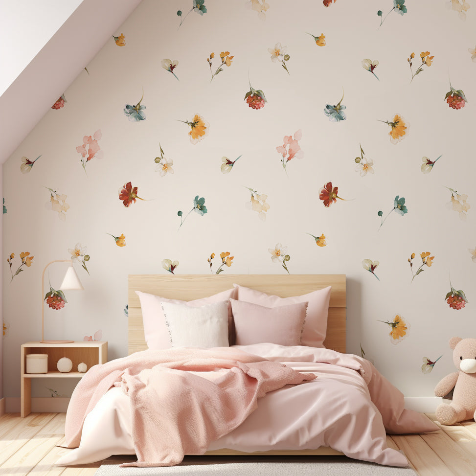 Wall Mural - Colourful Floral Watercolour Illustrations Wallpaper - Removable Wallpaper (Peel & Stick) - Made to Measure