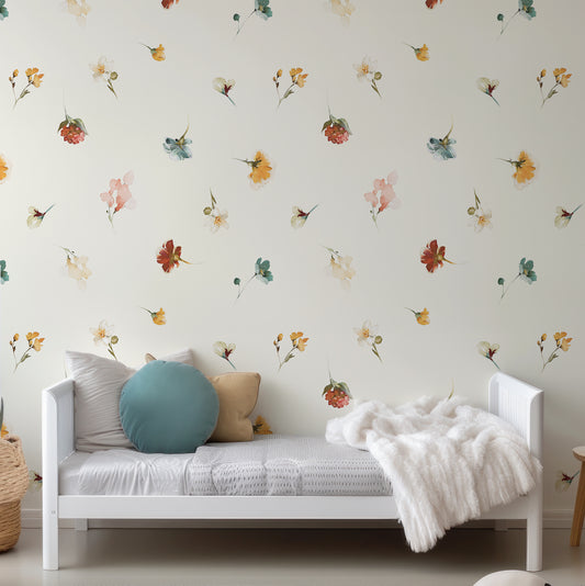 Watercolour Blossom Medley Wallpaper In Child's Bedroom With White Bedroom And Circular Cushions