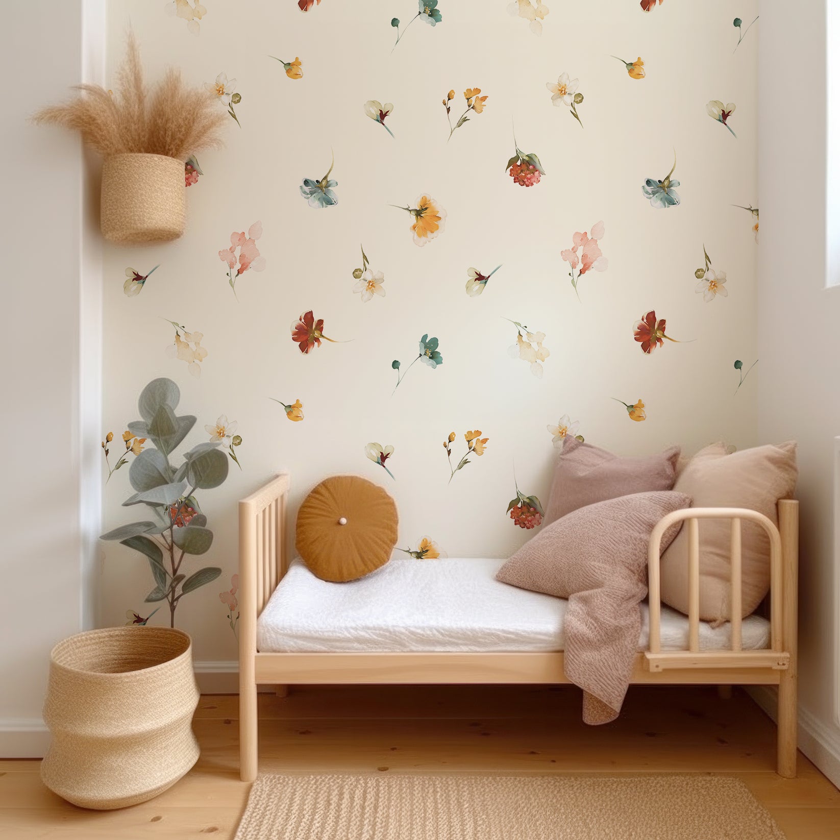 Papier peint floral aquarelle Blossom Medley dans la chambre d'enfant avec lit en bois et coussins et plantes de couleur neutre