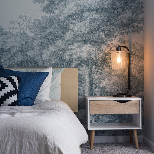 Waterloo Woods Blue Wallpaper In Bedroom With Blue Bed