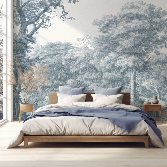 Waterloo Woods Blue Wallpaper In Bedroom With Dark Blue Bed In Very Bright Room With Great Lighting