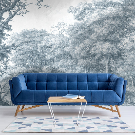Waterloo Woods Blue Wallpaper In Living Room With Blue Chair