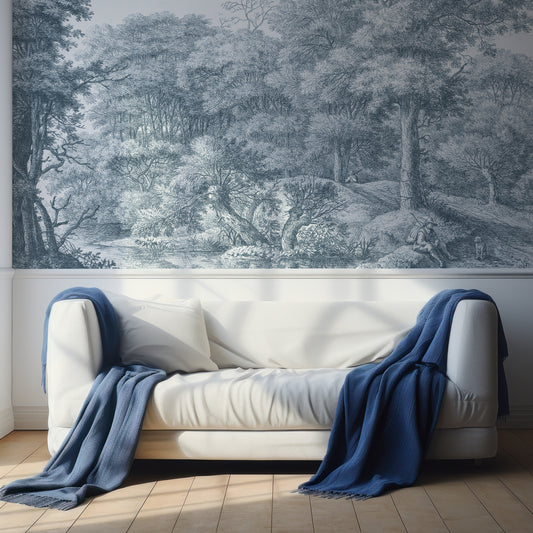 Waterloo Woods Blue Wallpaper In Living Room With White Sofa With White Cushions And Navy Blue Blankets And Wall Panelling