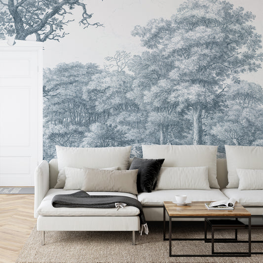 Waterloo Woods Blue Wallpaper In Living Room With White Sofa
