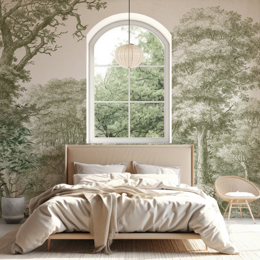 Waterloo Woods Green Wallpaper In Beige Bedroom With Beige Bed With 4 Pillows And Arch Open Window With Green Trees In The Background