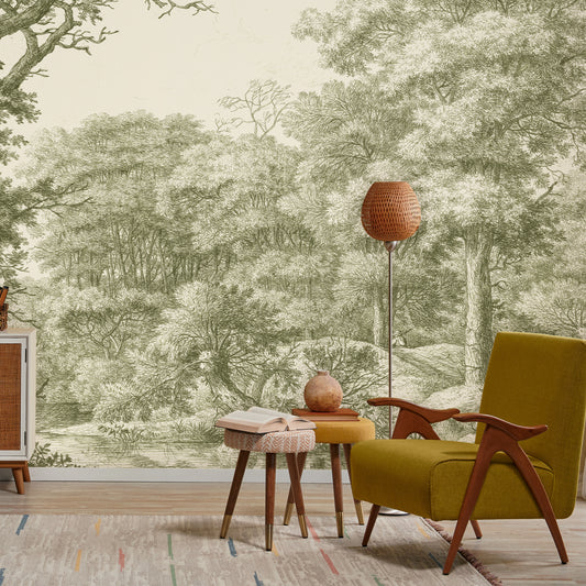 Waterloo Woods Green Wallpaper In Room With Yellow Chair