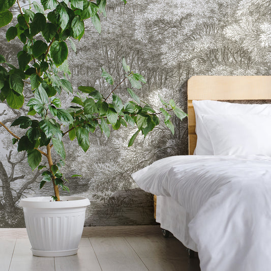Waterloo Woods Greige Wallpaper In Bedroom With Large Green Plant