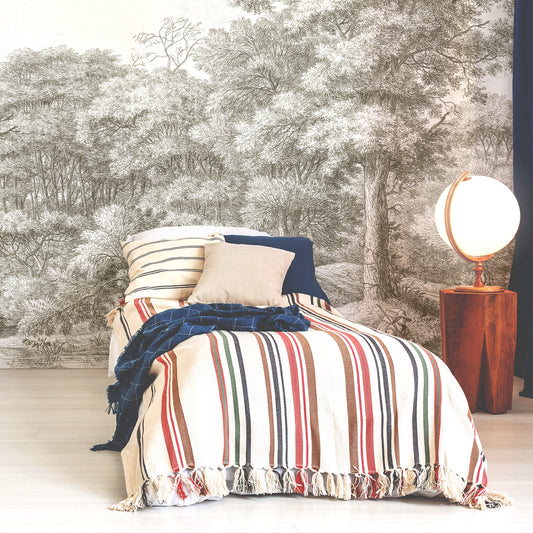 Waterloo Woods Greige Wallpaper In Bedroom With Single Stripy Bed And Globe
