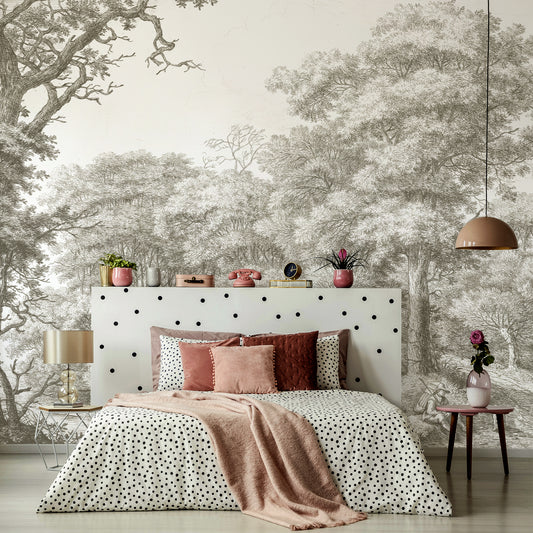 Waterloo Woods Greige Wallpaper In Ladies Polka Dot Bedroom