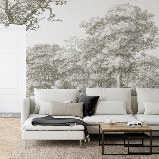 Waterloo Woods Greige Wallpaper In Living Room With White Sofa